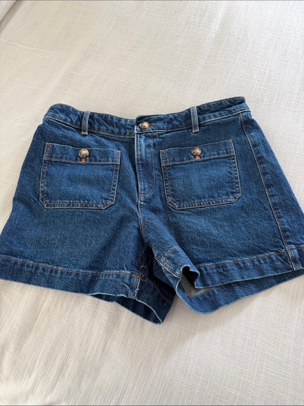 LOFT Dark Blue High-Rise Denim Shorts with Front Patch Pockets